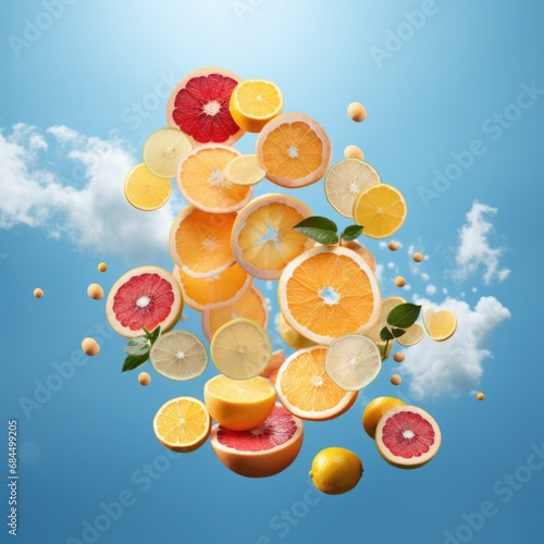 Citrus fruits and leaves floating in the air. Generative AI.