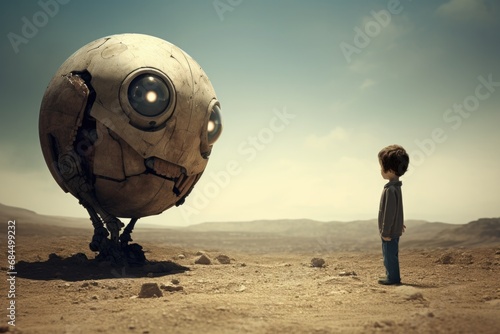 A boy standing in front of a robot in the desert. Generative AI.