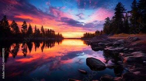 A serene lakeside sunset with vibrant colors reflecting off the water