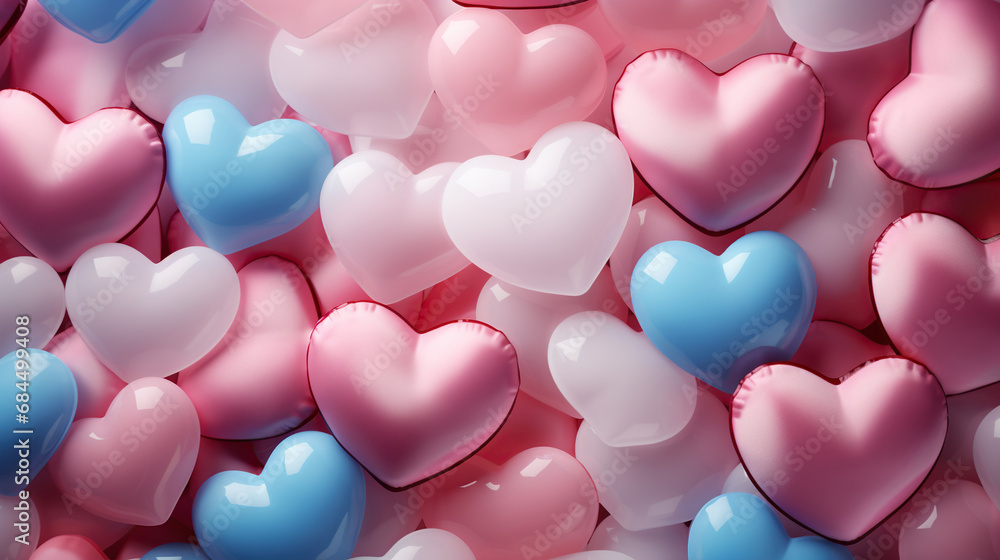 Valentine's Day background with pink and blue heart-shaped balloons. 