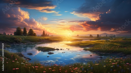 A serene meadow with a river winding through it at sunset, reflecting the sky