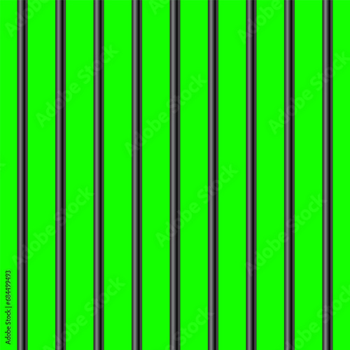 Black metal prison bars on green chroma key background. Detailed jail cage, prison iron fence. Criminal background mockup. Vector illustration