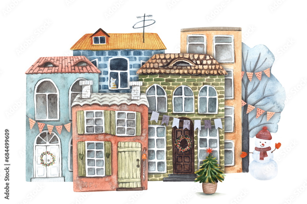A hand painted watercolor illustration of a cozy street of an old European town. Brick houses, tiled roofs, snowman, Christmas winter trees and snow on a white background, not AI.