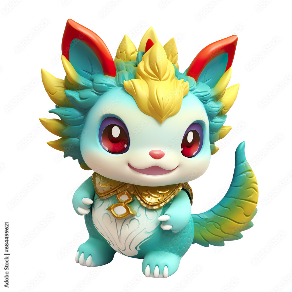 little animal dragon baby with Blue green and yellow feathers, 3D three-dimensional modeling, Fabric art, plush texture, Very cute, sweet smiling face, cute