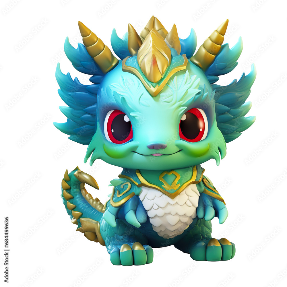 little animal dragon baby with Blue green and yellow feathers, 3D three-dimensional modeling, Fabric art, plush texture, Very cute, sweet smiling face, cute