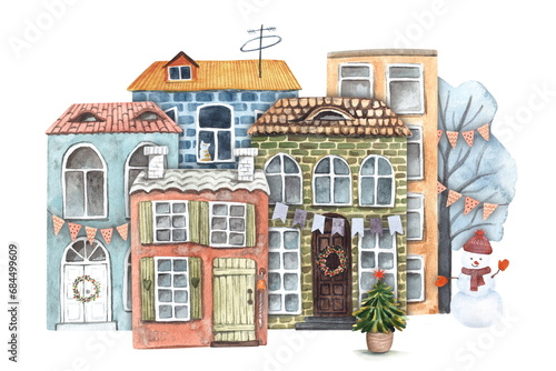A hand painted watercolor illustration of a cozy street of an old European town. Brick houses, tiled roofs, snowman, Christmas winter trees and snow on a white background, not AI. © Volha