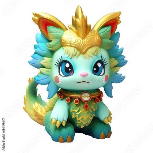 little animal dragon baby with Blue green and yellow feathers, 3D three-dimensional modeling, Fabric art, plush texture, Very cute, sweet smiling face, cute © JetHuynh
