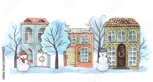 A hand painted watercolor illustration of a cozy street of an old European town. Brick houses, tiled roofs, snowman, winter trees and snow on a white background, not AI.