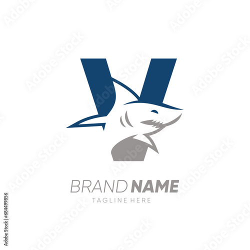 Letter V Shark Logo Design Vector Icon Graphic Emblem Illustration