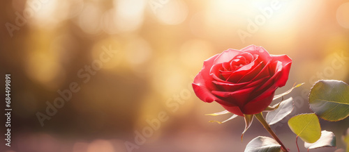 Beautiful red rose flower on nature bokeh background with empty copy space