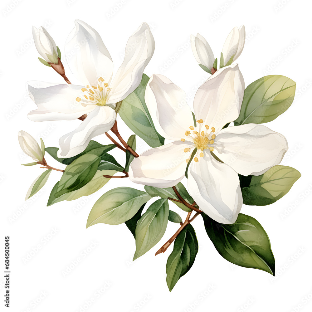 Obraz premium Night blooming jasmine, Flowers, Watercolor illustrations