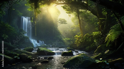 A serene waterfall in a lush rainforest with the sun casting dappled light