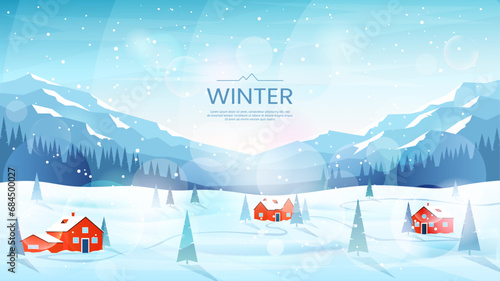 Vector illustration. Winter day in the mountains. Spruce trees and houses in snowdrifts. Mountain ranges and forest in the background. Snowfall. Design for banner, card, flyer, web background.