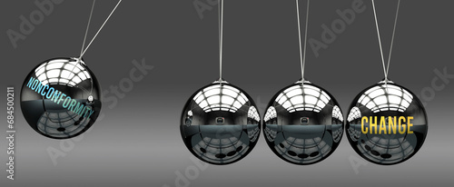 Nonconformity leads to Change. A metaphor in which nonconformity initiates motion of change and gives it energy. Cause and effect relation between nonconformity and change.,3d illustration