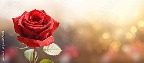 Beautiful red rose flower on nature bokeh background with empty copy space