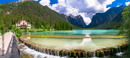 Most beautiful and scenic lakes of northern Italy. Lago di Dobbiaco in Val Pusteria, South Tyrol. Trentino-Alto Adige photo