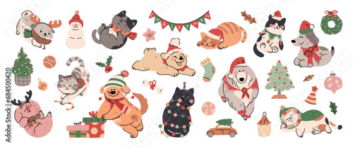 Merry christmas and happy new year concept background vector. Collection drawing of cute dog and cat with decorative scarf, hat. Design suitable for banner, invitation, card, greeting, banner, cover. 