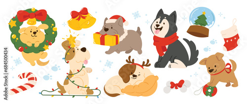 Fototapeta Naklejka Na Ścianę i Meble -  Merry christmas and happy new year concept background vector. Collection drawing of cute dog with decorative scarf, hat, wreath. Design suitable for banner, invitation, card, greeting, banner, cover. 