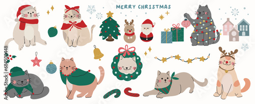 Merry christmas and happy new year concept background vector. Collection drawing of cute cat with decorative scarf, hat, wreath. Design suitable for banner, invitation, card, greeting, banner, cover. 