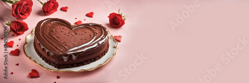 Heart-shaped chocolate cake for Valentine's Day. photo