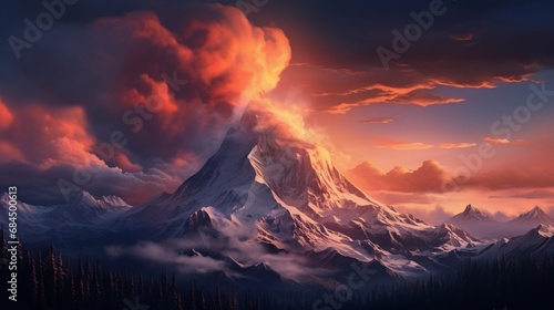A snowy mountain peak with a fiery sunset sky in the background