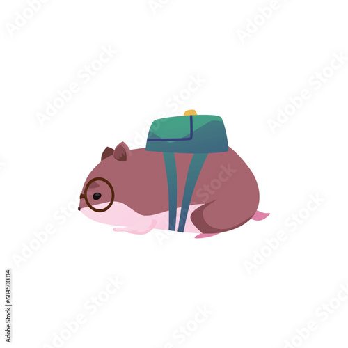 Cute brown fat detective hamster with white belly, funny fluffy pet with glasses and backpack, vector small home animal