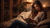 casual relax adult female woman enjoy spending hobby time reading book on sofa in living room at home