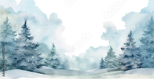 Vector watercolor background winter forest trees, snow, for design