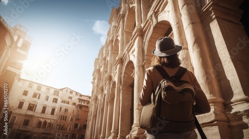 rearview backpacker traveller male man looking at old tradition architecture old town in europe sunrise vlog male travel influencer walking in old town famous travel tour destination photo