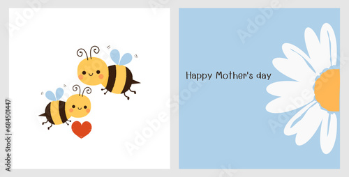 Happy mother's day or Valentine's day cards with bee cartoon and daisy flower on white and blue background vector illustration.