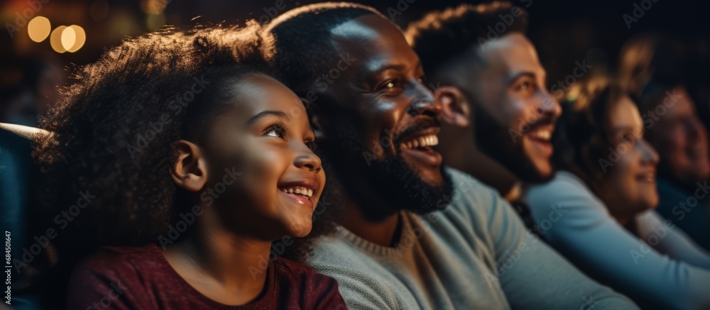 Fototapeta premium african american happiness family enjoy movie theater watch cinema together fun laugh smile happiness entertainment together family concept