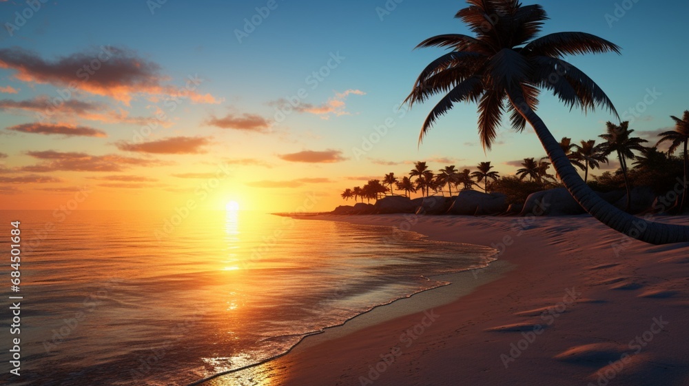 A tranquil beach with a lone palm tree and the sun dipping below the horizon
