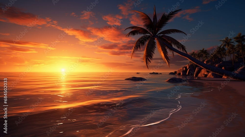 A tranquil beach with a lone palm tree and the sun dipping below the horizon