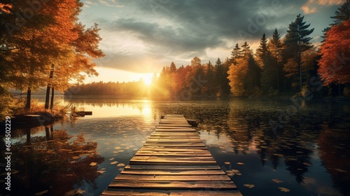 A tranquil lake surrounded by autumn foliage and the sun dipping below the trees, with a wooden dock