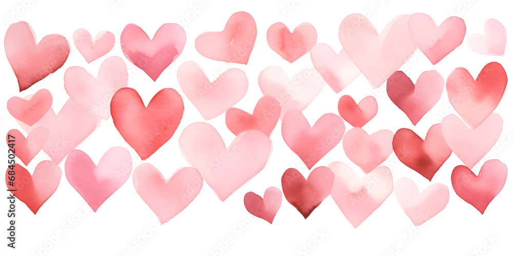 Abstract watercolor pink hearts on white background