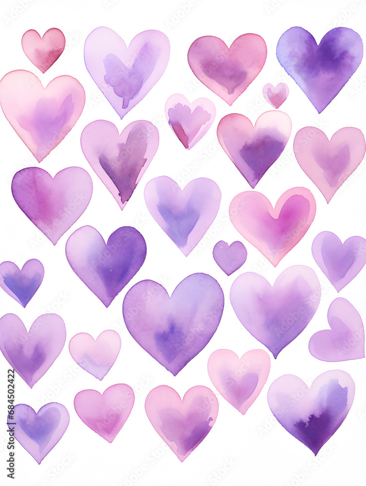 Abstract watercolor purple hearts on white background