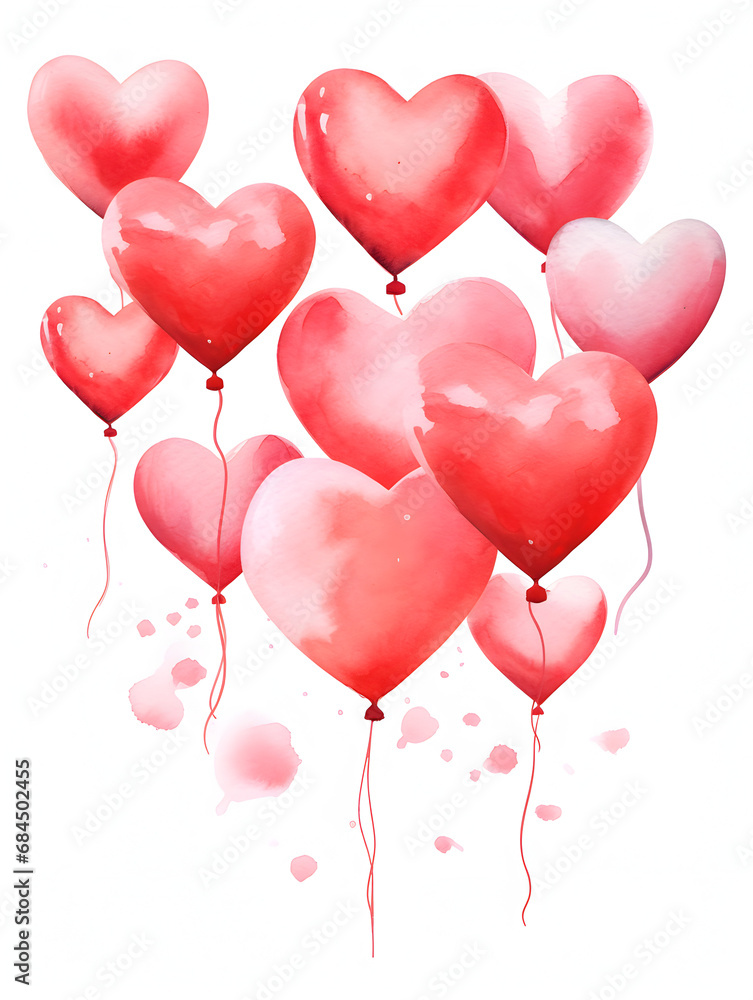 Abstract illustration with red watercolor heart balloons on white background