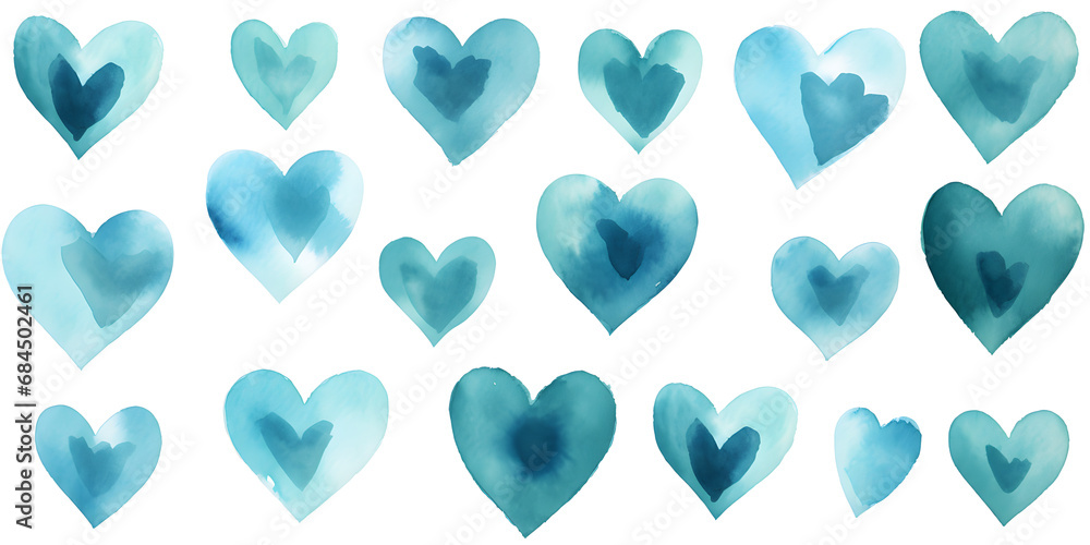 Abstract pattern watercolor turquoise hearts on white background Abstract pattern watercolor turquoise hearts on white background
