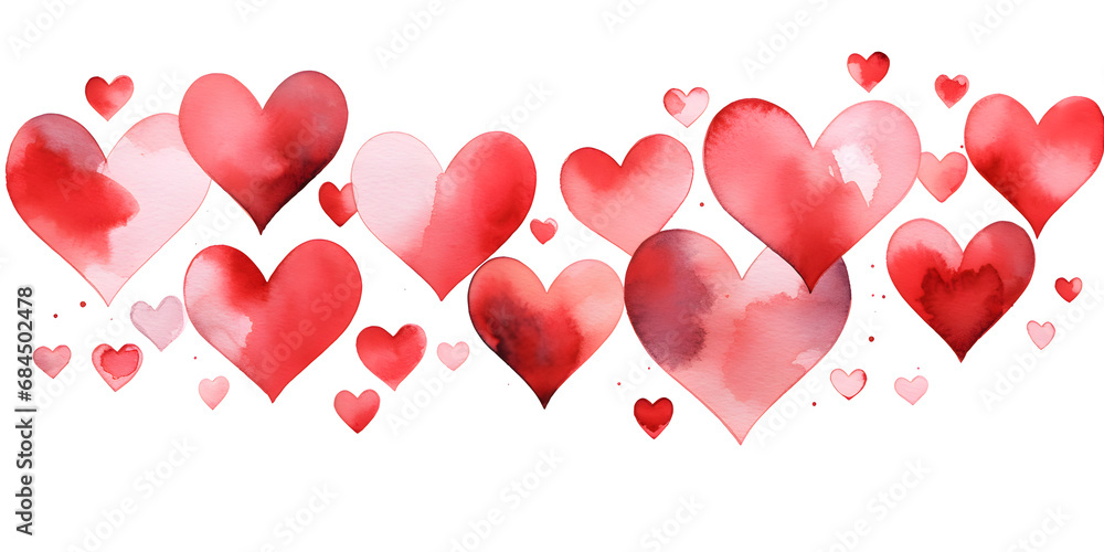 Abstract illustration with red watercolor hearts on white background
