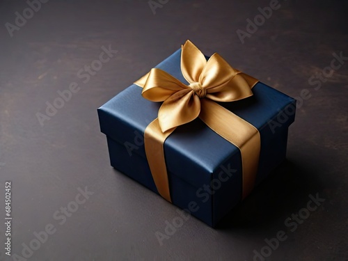 Blue gift box with golden bow on dark background. Copy space. Blue gift box with golden ribbon bow. Elegant dark blue present box with golden bow, New Year, Anniversary, surprise