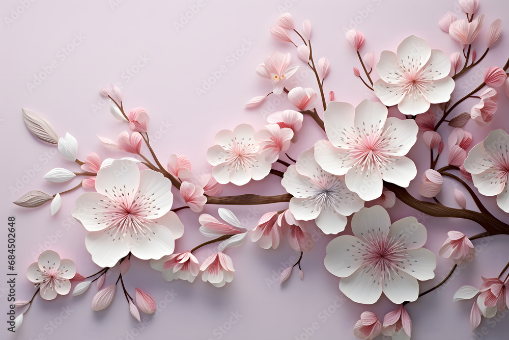 Delicate paper art cherry blossoms in full bloom, capturing the ephemeral beauty of these flowers with meticulous craftsmanship. Ai Generated.NO.03