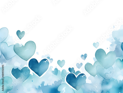 Watercolor frame background with blue hearts and free copy space for text