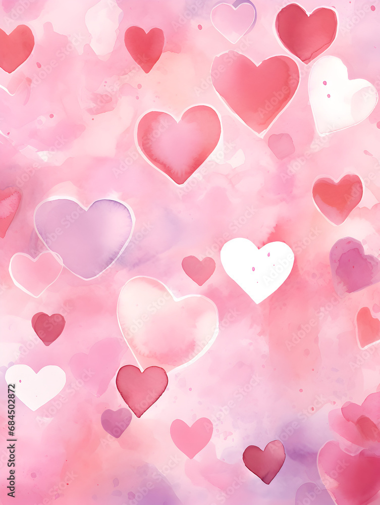 Abstract pink watercolor background with white hearts