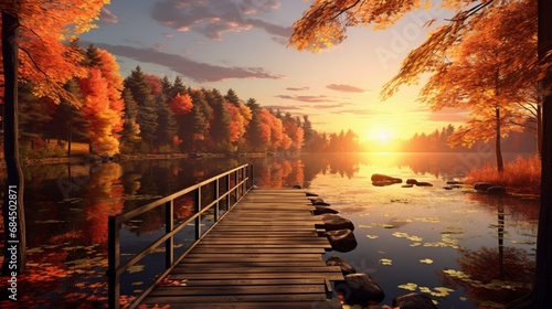 A tranquil lake surrounded by autumn foliage and the sun dipping below the trees, with a wooden dock