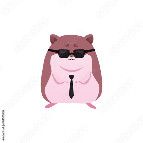 Cute brown serious hamster with white belly, funny fluffy pet in black glasses and tie vector small adorable home animal