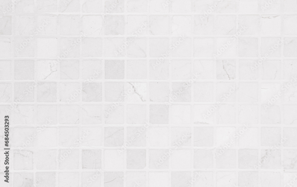 White tile wall chequered background bathroom texture. Ceramic brick wall and floor tiles mosaic background in bathroom and kitchen clean. Design pattern geometric with grid wallpaper floor elements. - obrazy, fototapety, plakaty 