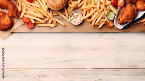 selection of take out and fast foods corner border background.