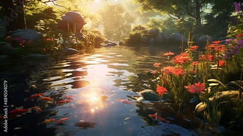 A tranquil pond in a lush garden with koi fish swimming as the sun sets