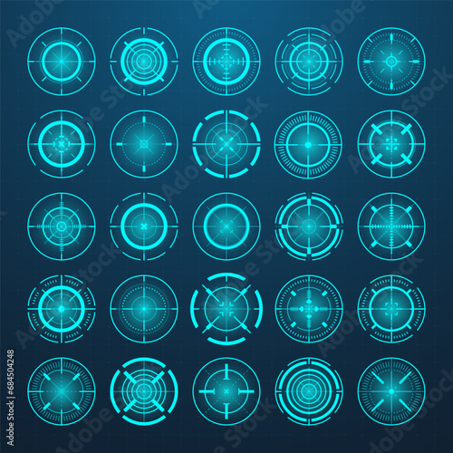 Crosshair, gun sight vector icons. Bullseye, black target or aim symbol. Military rifle scope, shooting mark sign. Targeting, aiming for a shot. Archery, hunting and sports shooting. Game UI element.