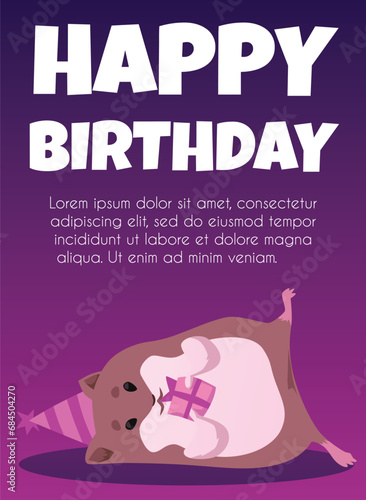 Cute brown fat hamster with gift box and cone cap, Happy birthday poster, vector cartoon funny pet lying on its side